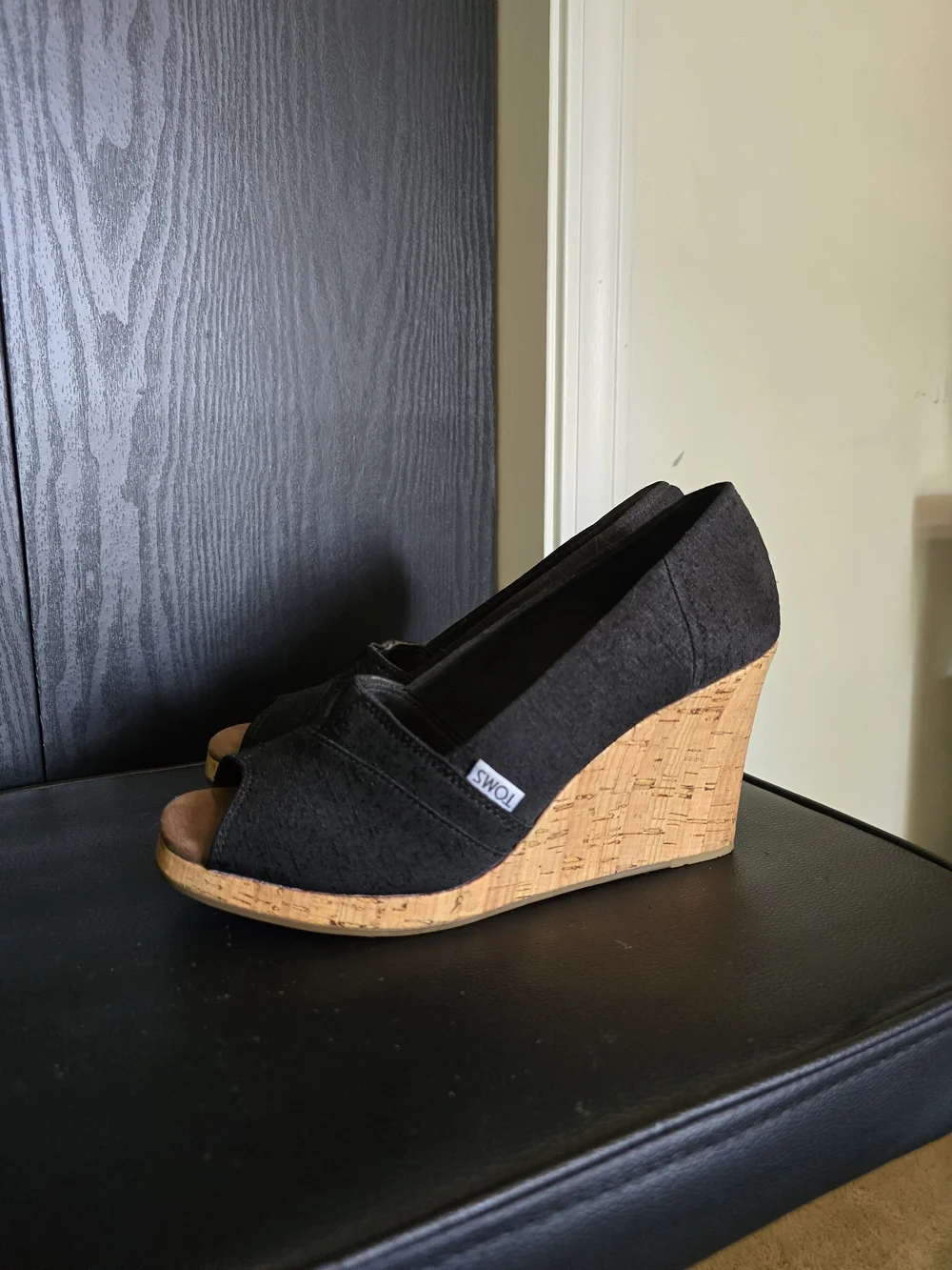 TOMS Black Cork Wedge Peep-Toe Shoes